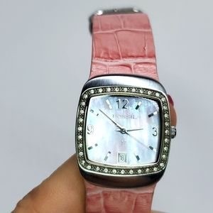 Vintage Fossil Watch F² ES9720 Salmon Leather Wristband Pink Mother of Pearl